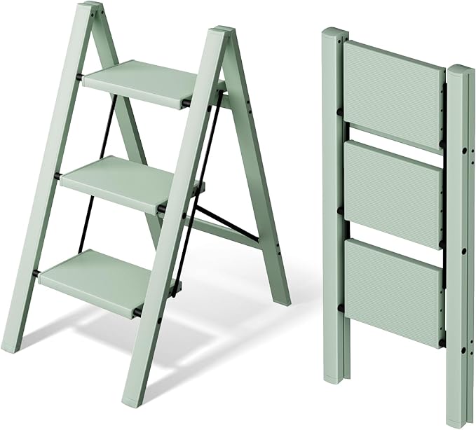 Mayi Plus 3 Step Ladder,Aluminum Folding Step Stool for Adults,Step Ladder with Wide Anti-Slip Pedal,330 lbs Capacity for Home,Office,Kitchen,Library(Green)