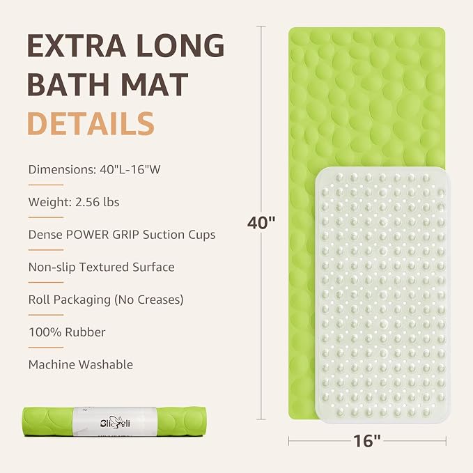 Bligli Bathtub Mat Non Slip, 16x40 inch Extra Long Bath Tub Mat with Strong Suction Cups, Soft Rubber Bathroom Floor Mat, Machine Washable, 100% BPA Free (Green)