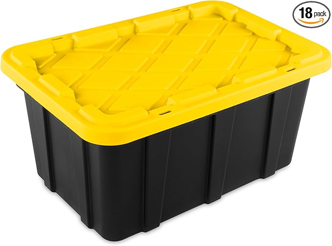 Sterilite 18-Pack Stackable Storage Bins, Heavy Duty Totes w/ Lids, 17 Gallon, Black/Yellow