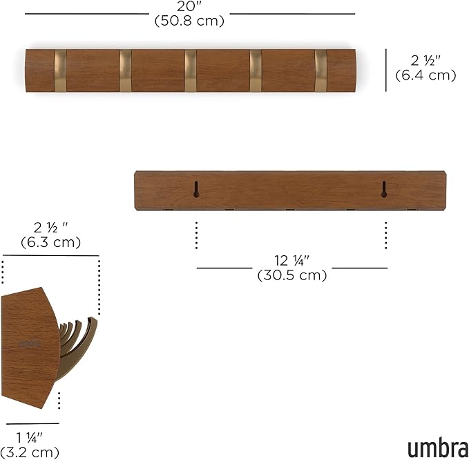 Umbra Flip Wall-Mounted Coat Rack with 5 Hooks – Modern, Space-Saving Storage for Hats, Jackets, Bags, Entryway, Mudroom, Closet, Bathroom, Bedroom – Light Walnut/Gold