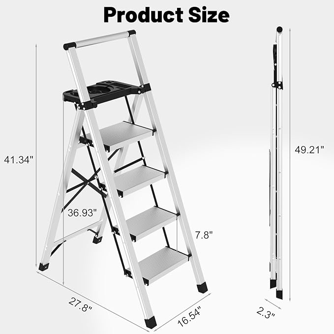 4 Step Ladder with Tool Tray - 600lbs Heavy Duty Lightweight Step Stool with Extended Handrails, Work Platform for Home Maintenance & DIY Projects
