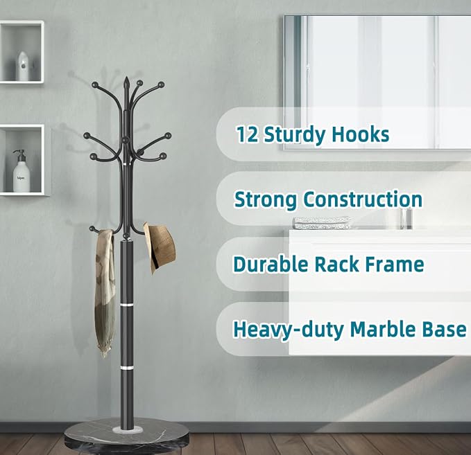 OIRUMIE Coat Rack with Natural Marble Base, Metal Modern Coat Racks Freestanding, Coat Rack Stand with 12 Hooks, Coat Tree Hats Hanger Stand for Entryway, Hallway (12 Hooks-Black)