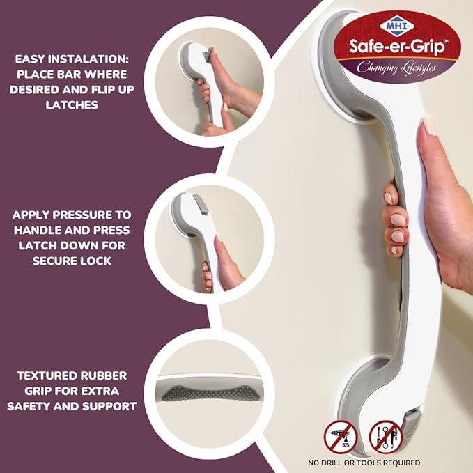 Safe-er-Grip Changing Lifestyles Suction Cup Grab Bars for Bathtubs & Showers; Safety Bathroom Assist Handle,White & Grey,16 Inches,(Pack of 3)