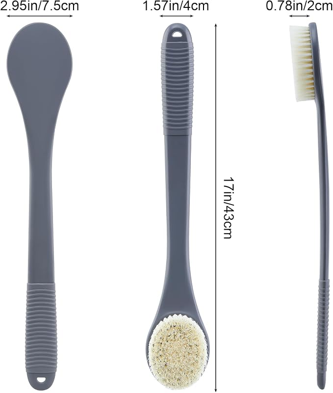Back Scrubber for Shower, Shower Body Brush for Cleaning with Long Handle for Showering, 17 Inch Back Washer Exfoliator for Shower Men Women with Non-Slip Handle, Adhesive Hook (Gray)