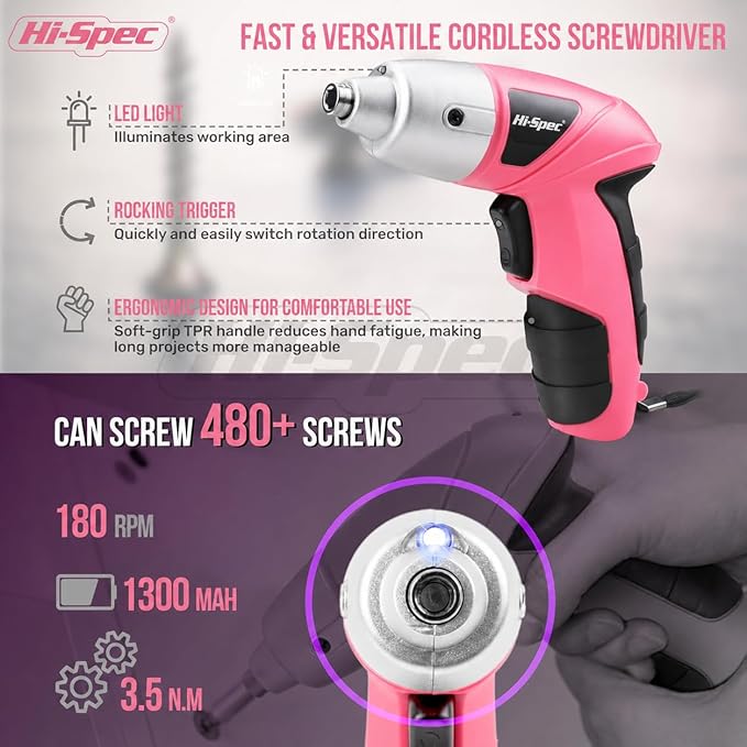 Hi-Spec Cordless Electric Screwdriver, Power Screw Driver Set with Pink Compact Tool Kit for Small Repair and Maintenance- Ideal Housewarming Gift,19 Piece
