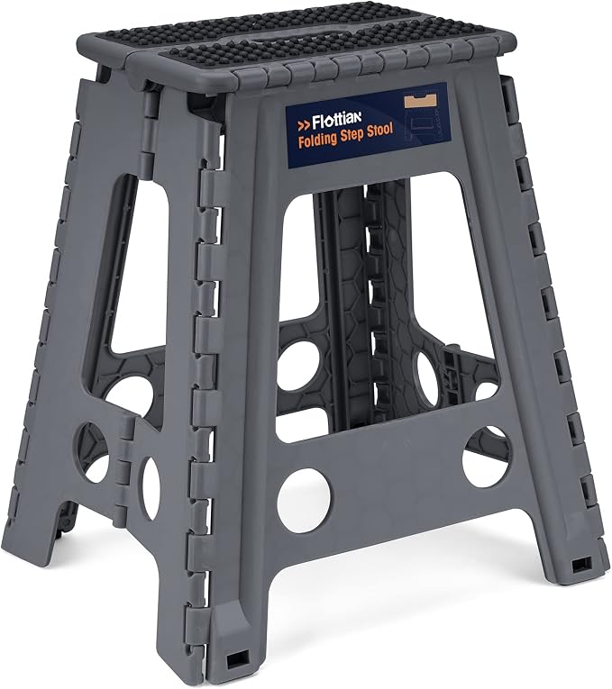 Flottian 18" Folding Step Stool for Adults and Kids Holds Up to 300 lbs,Non-Slip Folding Stools with Handle, Compact Plastic Foldable Step Stool for Bathroom,Bedroom, Kitchen,Gray,1PC