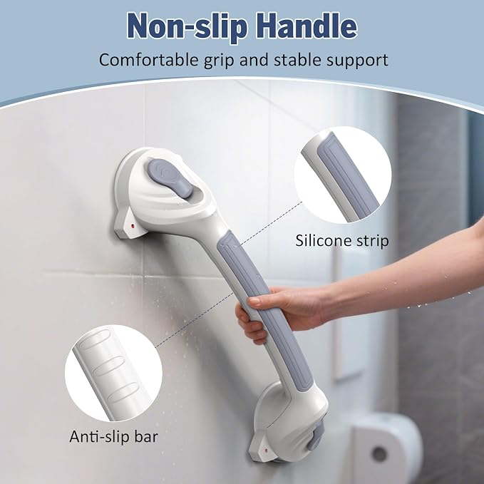 Roylvan Grab Bars for Bathtub and Shower, 1 Pack Shower Handle with Strong Suction Cups, 16.8 Inch Bathroom Grab Bars for Seniors, Removable Shower Safety Handrail for Elderly, Drill Free, Waterproof