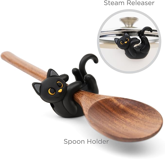Black Cat Spoon Rest for Stove Top – Silicone Pot Clip Utensil Holder & Lid Lifter – Funny Kitchen Gadget, Unique Witchy Cat Gifts for Women & Halloween – 3" x 2.5"