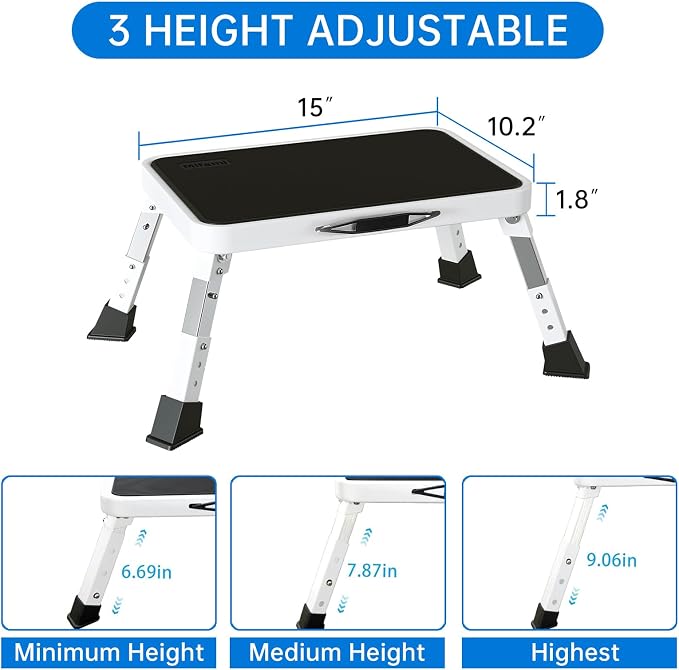 Metal Step Stool Foldable Adjustable Height Sturdy Stable Step Ladder with a Non-Slip Platform Camper Step Stool with Non-Slip Rubber Feet, Easy to Carry (White)