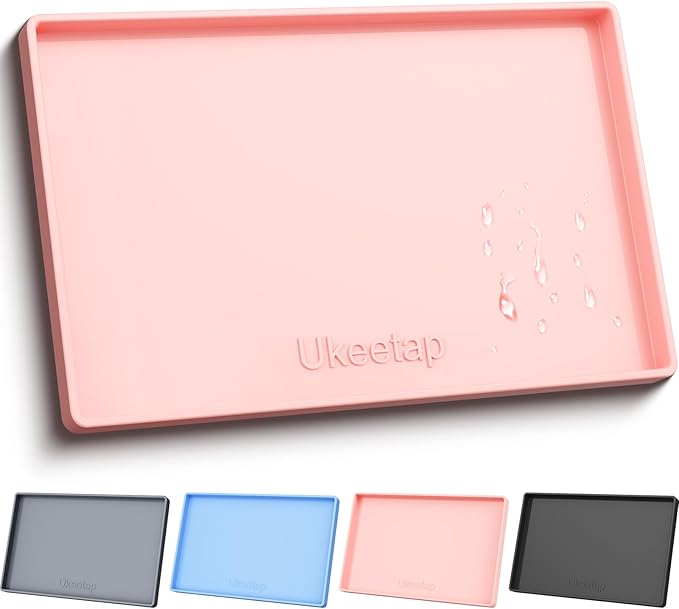 ukeetap Extra Thick Silicone Mat Waterproof with Raised Edge 19” x 12”, BPA Free Non-Slip Dog & Cat Food Mat, Feeding Mat for Food and Water Bowls, Spill Proof Mat to Protect Floors, Pink