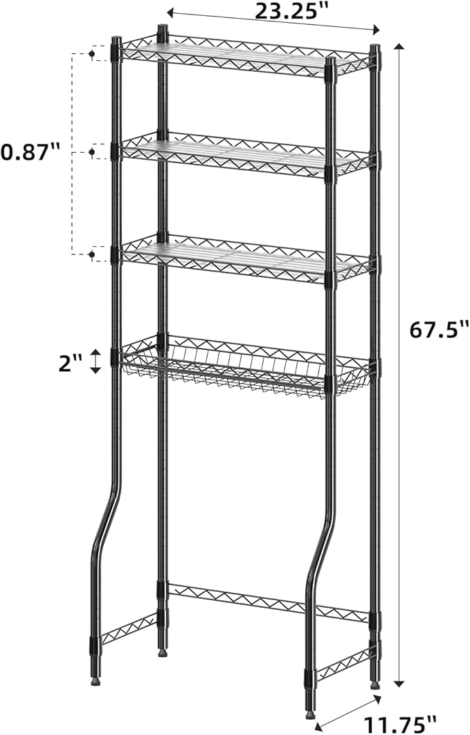 Simple Trending 4 Tier Over The Toilet Storage Rack, Bathroom Organizers and Storage Over Toilet with Adjustable Shelf and Basket, (Black)