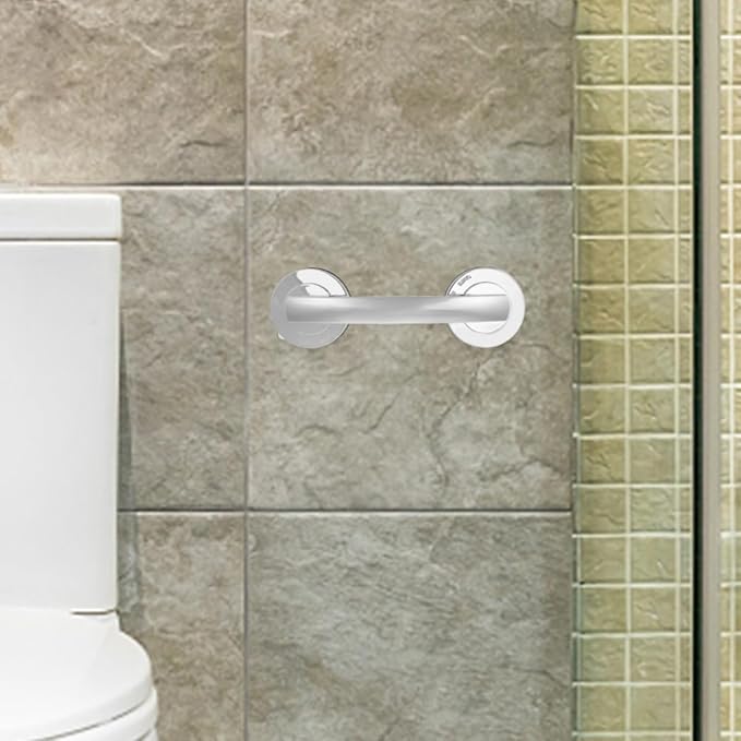 SHOWERORO 2pcs Silver Suction Cup Grab Bars for Bathroom Safety – Adhesive Stainless Steel Handles with Strong Hold, No Drilling Required, Removable Suction Handles for Shower and Glass