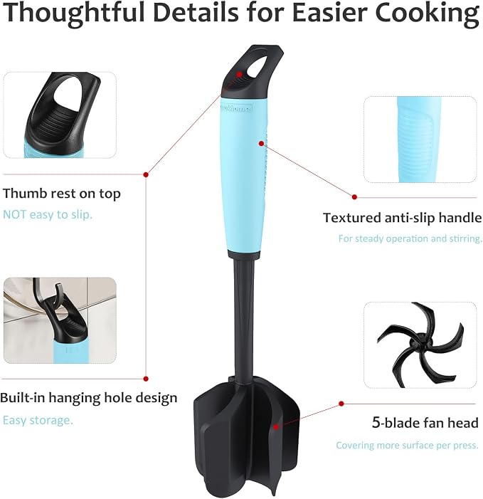 Ourokhome Meat Chopper and Potato Masher, Heat Resistant Nylon Ground Beef Smasher for Hamburger, 5 Curved Blades Nonstick Safe Mixer & Stirrer Practical Kitchen Gadgets, Teal