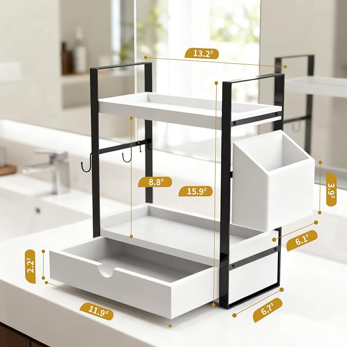 2-Tired Bathroom Counter Organizers and Storage, Bathroom Countertop Organizer with Drawer, Solid Wood Skincare Perfume Organizer for Vanity Kitchen Corner Shelf Office Countertop (White)