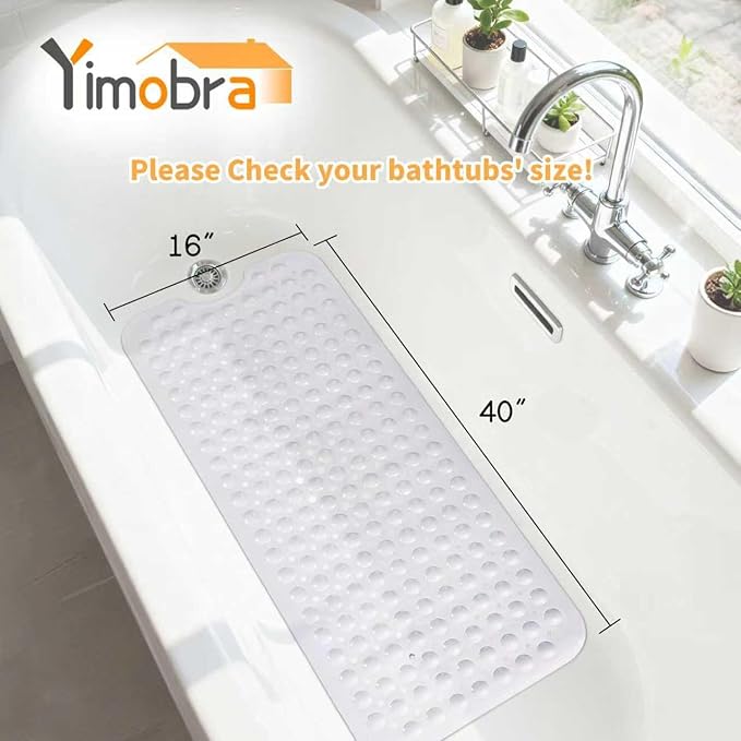 Yimobra Non Slip Bathtub Mat 40 x 16 Inch, Extra Long Shower Mat with Drain Holes, Machine Washable Baby Bath Mats, Strong Suction Cups for Bathroom Floor, White