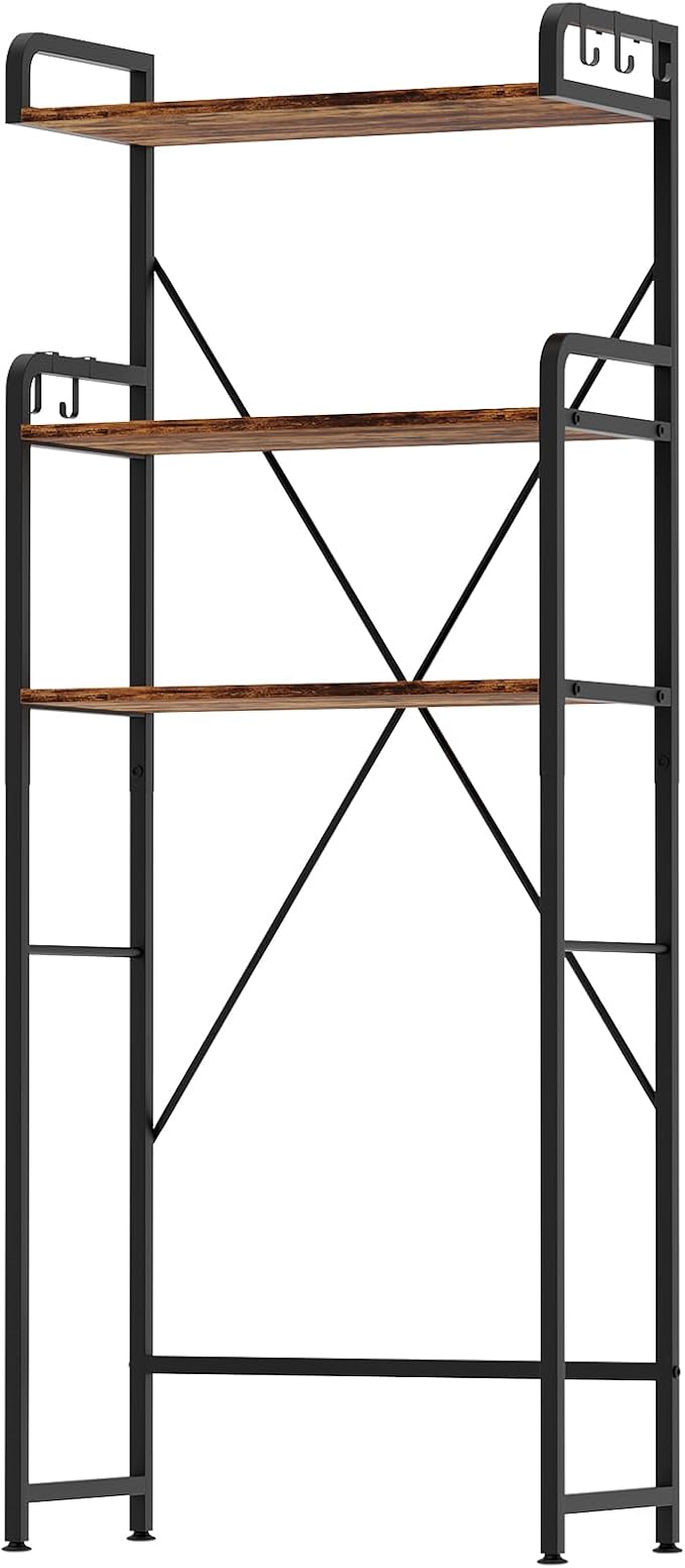 Over The Toilet Storage Cabinet, 3-Tier Bathroom Organizers and Storage with Hooks, Freestanding Shelf Toilet Rack, Small Bathroom Laundry Space Saver with Towel Rack & Toilet Paper Holder(Brown)
