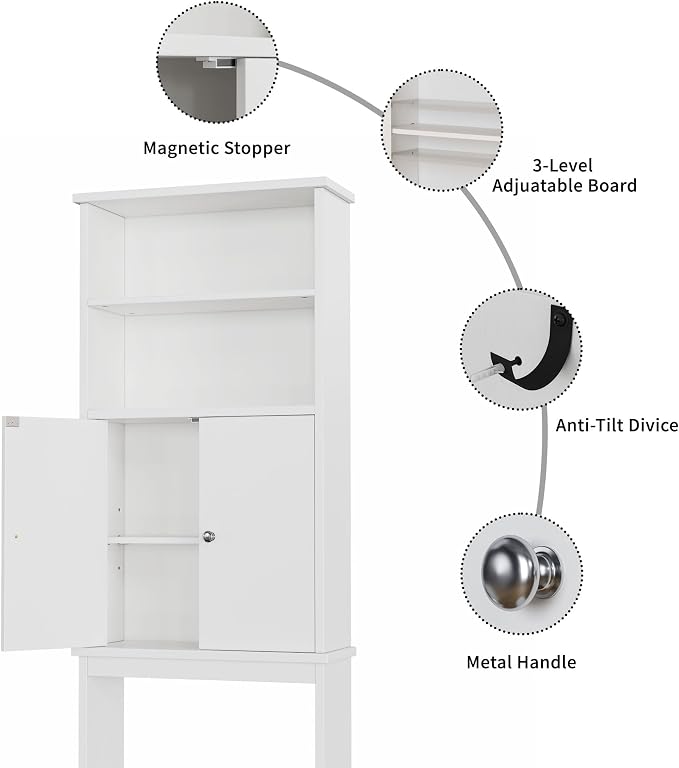 Shintenchi Over the Toilet Storage Cabinet, Bathroom Above the Toilet Rack, Bathroom Adjustable Shelf Organizer with Open Bottom Bar and Anti-Tip Device, White