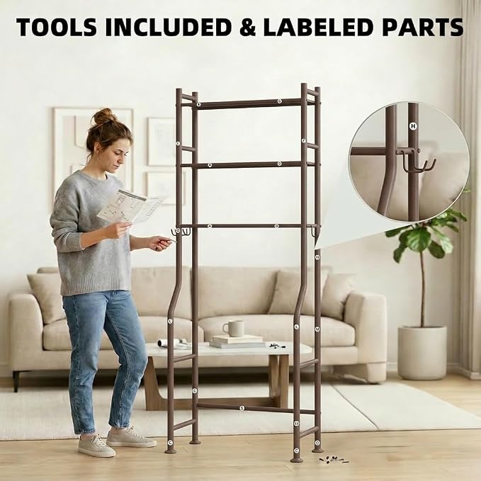 GloTika 3-Tier Over Toilet Storage with Anti-Tilt Safety System - 150lb Total Capacity Metal Bathroom Shelves Including Paper Holder & 4 Hooks, Space Saving Above Commode Organizer (64" H, Bronze)
