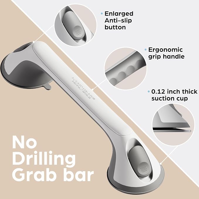 2 Pack 16 Inch Grab Bars for Bathtubs and Showers for Seniors, Heavy Duty Shower Handle for Elderly, Suction Cup Removable Handrails Handicap Bath Grip Bathroom Upgrade Safety Grips (Gray)