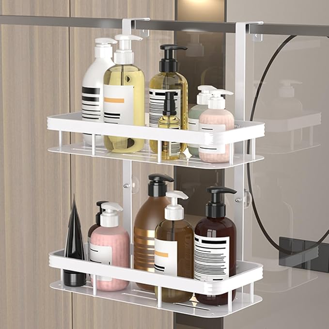 White Over Door Shower Caddy, Rustproof Bathroom Organizer, 2-Tier Storage Rack, 11.81x5.31 Inch Shelves, No Drilling Required