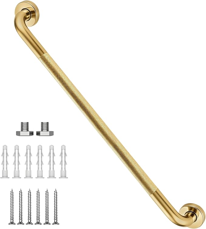 32 Inch Shower Grab Bar, Brushed Gold Anti Slip Safety Bars, 304 Stainless Steel Bathroom Handrail, Handicap Grab Bars for Wall, Shower Grip Handle for Seniors Elderly Injury Assist Bath (1.25" Dia)