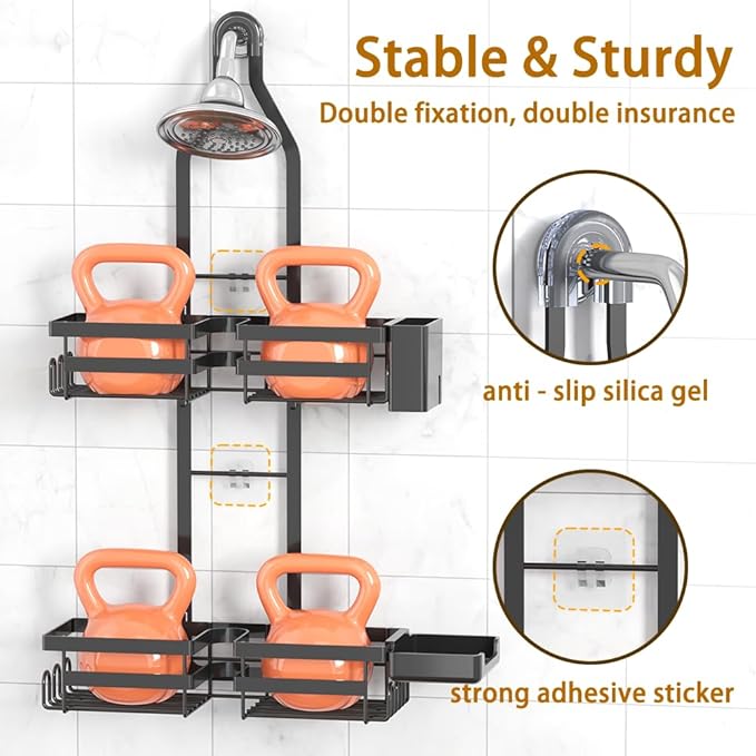Shower Caddy Hanging for Handheld Showerhead - Rustproof Shower Organizer, 2-Tier No-Drill Over Showerhead Bathroom Shelf with Soap & Toothbrush Holder, Black