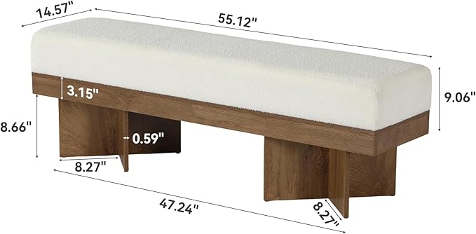 LITTLE TREE 55" Entryway Bench with Faux Lamb Wool, Upholstered Bench with X-Legs, for Living Room, Bedroom, or Foyer (White & Light Walnut)
