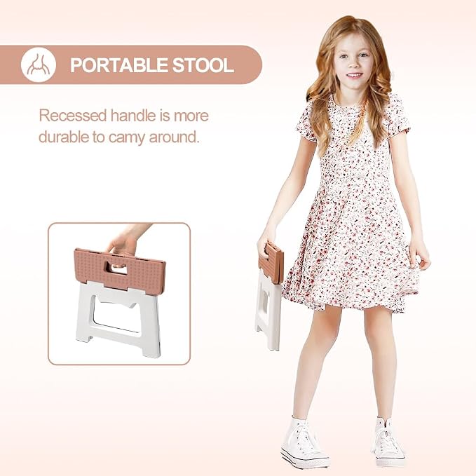 9'' Folding Step Stools for Kids and Adults, Hold Up to 300 lbs, Portable Foldable Step Stool for Toddlers, Plastic Small Collapsible Stepping Stools with Handle for Kitchen Bathroom (Khaki)