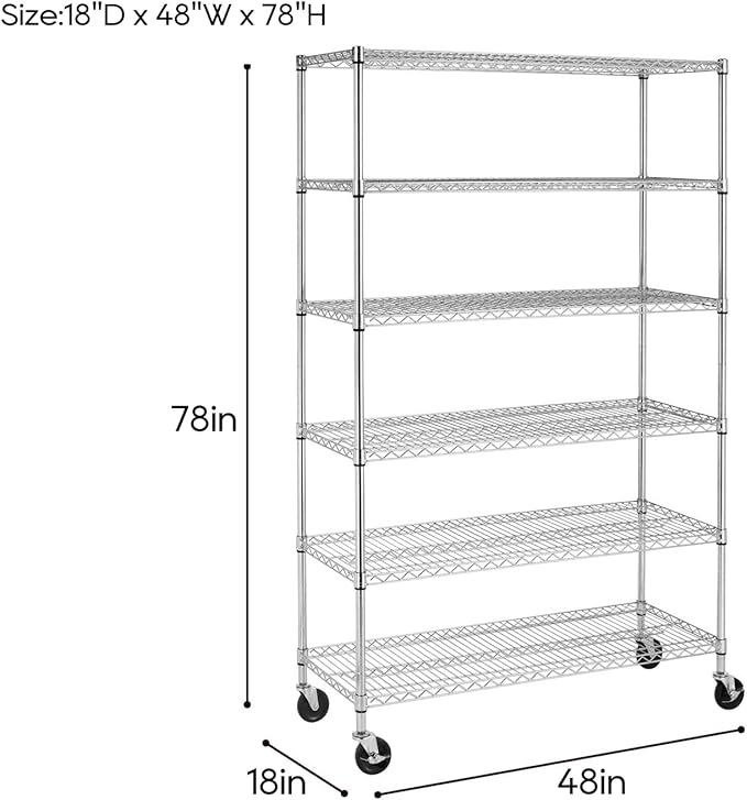 BestOffice | 6-Tier Wire Storage Shelves with Wheels | 18x48x78 | Chrome | Adjustable Racks | Heavy-Duty Metal Shelf, Holds Upto 600 lbs | No-Tool Assembly | Ideal for Home & Garage Shelving