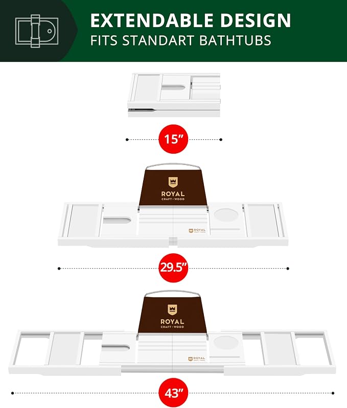ROYAL CRAFT WOOD Premium Foldable Bathtub Tray Caddy - Wood Bath Tray for Tub, Bamboo Shelf, Expandable Bath Table Trays, Bathtub & Bathroom Accessories for New Home & Mothers, Birthday Gifts for Mom