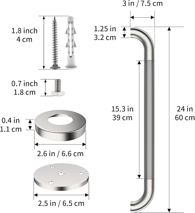 24 Inch Shower Grab Bar, ZUEXT Stainless Steel Bathroom Safety Handle w/Knurled Non-Slip Grip, Heavy Duty Wall Mounted Bathtub Toilet Support Rail for Elderly Seniors Disabled (Nickel, 1.25" Diameter)