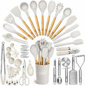 Kaluns 50 PCS Silicone Kitchen Utensils Set Complete Kitchen Set - 800°F Heat Resistant Non-Stick Premium Silicone Cooking Utensils W Wooden Handles - Can Opener, Masher, Turner, Silicone Spatula Set