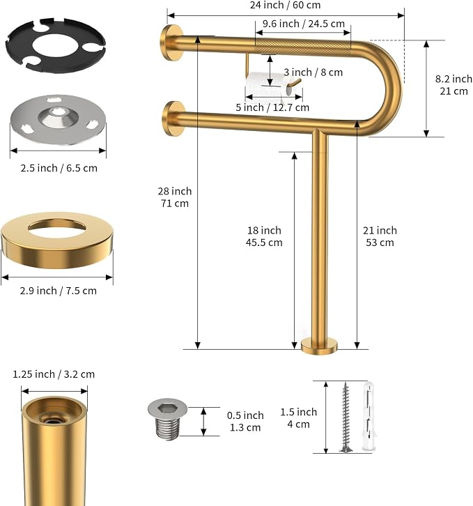 Toilet Grab Bar with Leg 24x28 Inch, ZUEXT Brushed Gold Knurled Toilet Support Bar with Toilet Paper Holder, Stainless Steel Wall & Floor Mounted Bathroom Support Rail for Elderly Disabled Pregnant