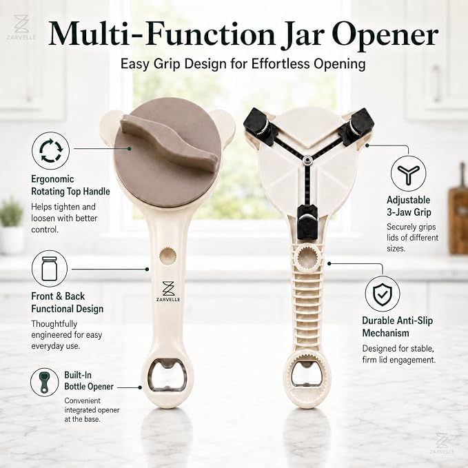 Jar Opener for Seniors with Arthritis, Easy Grip Adjustable Lid & Bottle Opener Set with Non-Slip Silicone Pad & Stainless Steel Hook, Beige