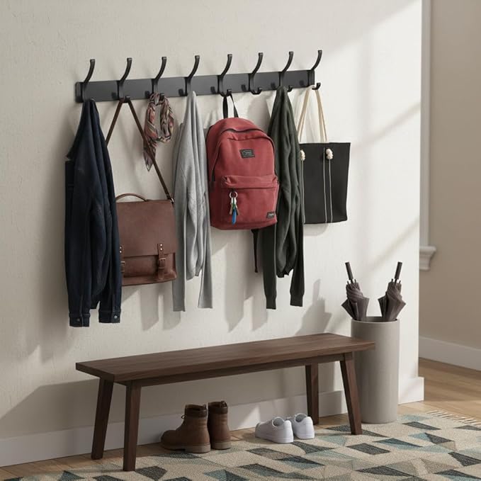 Dntorx Coat Rack Wall Mount, 2 Pack Coat Hooks Hanger Wall Double Hook Rack Rail Towel Hat Rack Entryway Bathroom Hanger Organizer for Robes, Clothes, Bags, Hat(Black)