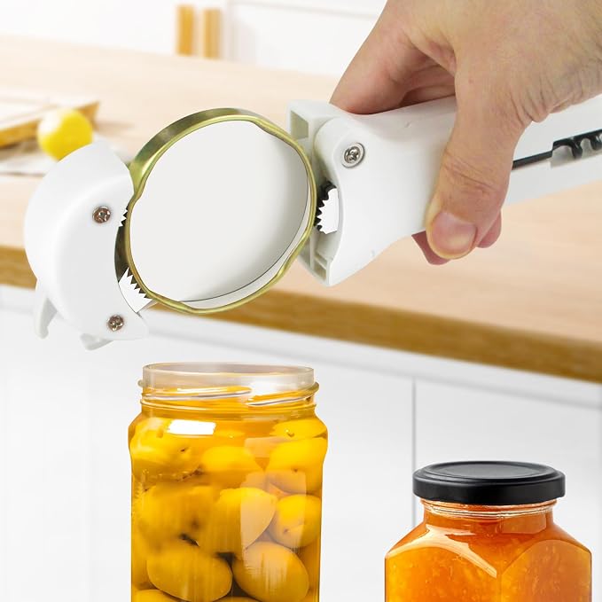 Jar Opener for Seniors with Arthritis, 7 in 1 Bottle Opener and Wine Corkscrew, Easy Grip Kitchen Gadget for Weak Hands Elderly, Retractable Jaw Lid Opener with Magnetic Storage (White)