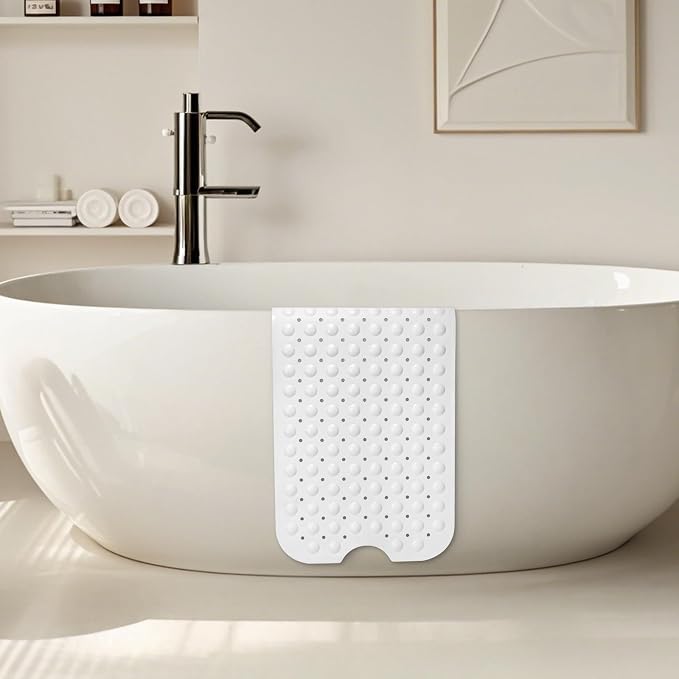 WarmSnow Long Bathtub Mat Non Slip 39.5 x 16 Inch, Inside Shower Mats with Suction Cups & Drain Holes, Soft TPE Bath Mat for Tub, Quick-Drain Bathroom Floor Mats, White