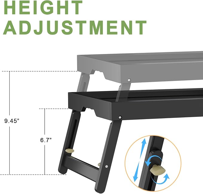 Artmeer Bed Tray Table with Folding Legs, Bamboo Breakfast Food Tray with Media Slot, Use As Platter, Laptop Desk, Snack, TV Tray Kitchen Serving Tray (Black Large Adjustable Legs)