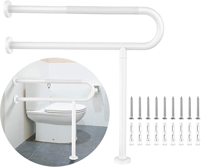 White Toilet Support Rail 32 Inch, Munzong Anti-Slip Floor to Wall Handicap Grab Bar for Bathroom, Stainless Steel Knurled Safety handrails with Leg for Elderly Disabled Pregnant-1.25’Tube