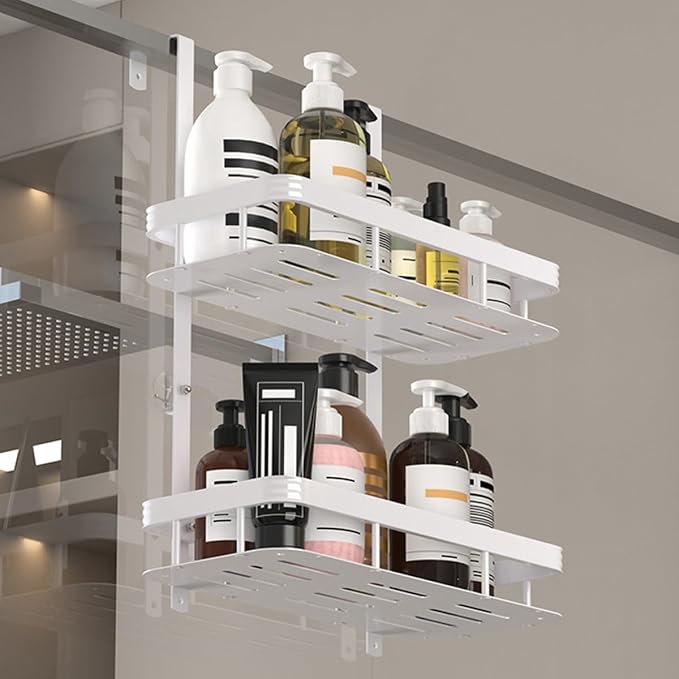 White Over Door Shower Caddy, Rustproof Bathroom Organizer, 2-Tier Storage Rack, 11.81x5.31 Inch Shelves, No Drilling Required