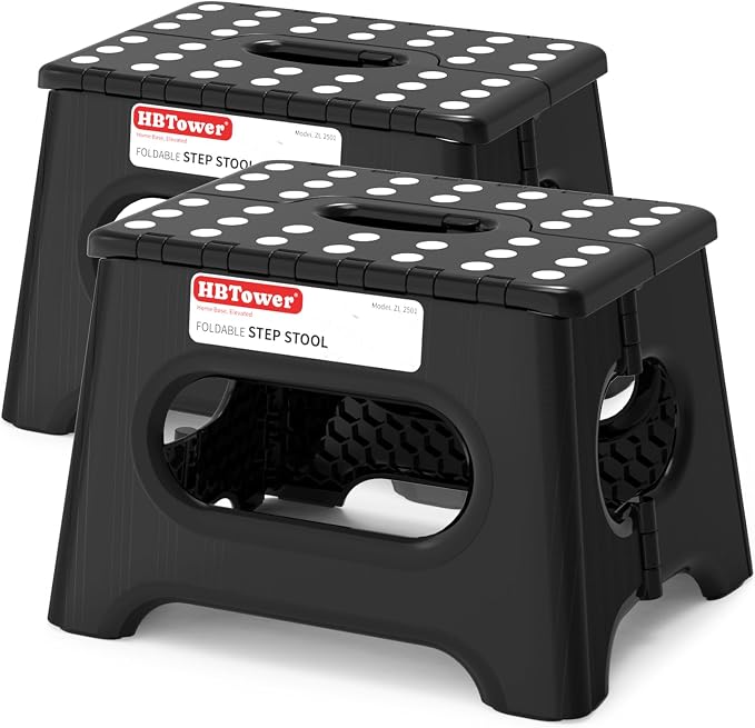 HBTower Folding Step Stool 9 Inch - Holds 600 lb, Non-Slip Surface & Carry Handle - Sturdy Step Stool for Kids, Toddlers & Adults - Compact Foldable Foot Stool for Kitchen, Bathroom, Bedroom(2pcs)