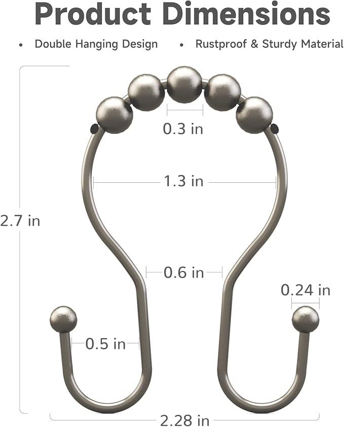 Bathway Shower Curtain Hooks Rust Proof Shower Curtain Rings, Smooth Glide Double Hook Shower Curtain Hooks,Shower Hooks for Shower Curtain Matte Nickel Shower Rod Hooks Shower Curtain Hangers 12Pcs