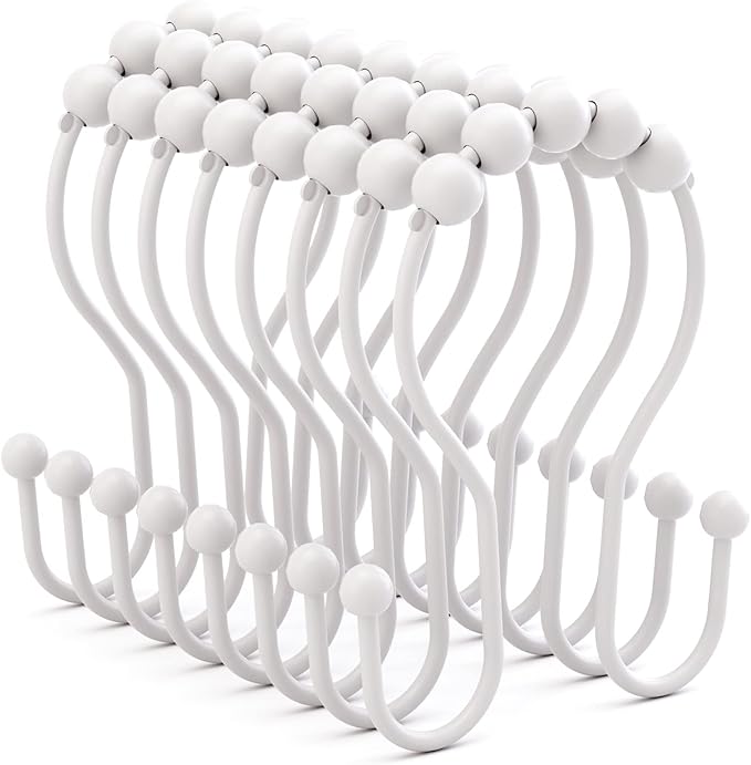 Bathway White Shower Curtain Hooks and Rings - Rust Proof, Smooth Glide, Double Hooks, 12 Pcs