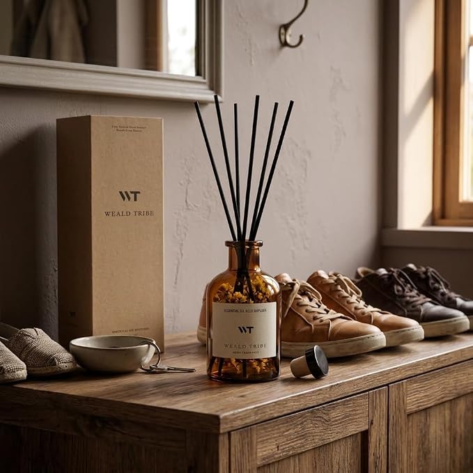 WEALD TRIBE Reed Diffuser Set for Bathroom Air Fresheners, Oil Diffuser Sticks with Flower | Lemongrass Scent 4.0 fl oz Home Fragrance with Sticks Defusers | House Bedroom Office Shelf Decor