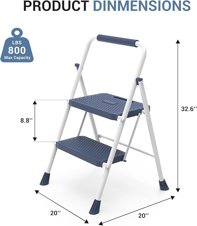 DUMOS Step Ladder, 2 Sturdy Step Stool with Anti-Slip Pedal & Comfortable Handrail, Portable Heavy Duty Step Stool for Kitchen, Garage & Outdoor Use, 800lbs, Blue