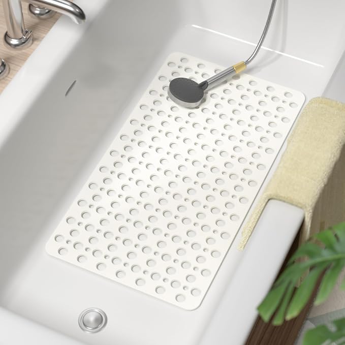 HITSLAM Bathtub Mat Non Slip, 28 x 15 Inch TPE Bath Mat for Tub, Efficient Drainage Bathroom Shower Mat with Suction Cups, Bath Tub Mat, Soft on Feet and Easy to Clean, White
