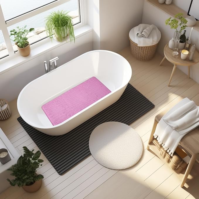 Bathtub Mat Non Slip 36” X 17” Pink Shower Mat Soft Foam Bath Mats for Bathroom Tub, Bathtub Mat with Drain Holes, Suction Cups, Shower Mat Non Slip