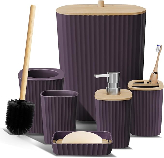 Clara Clark Bathroom Set - Purple Bathroom Accessories Set, 6PC Bathroom Accessory Set, Bathroom Sets with Toilet Brush, Trash Can & Soap Dispenser