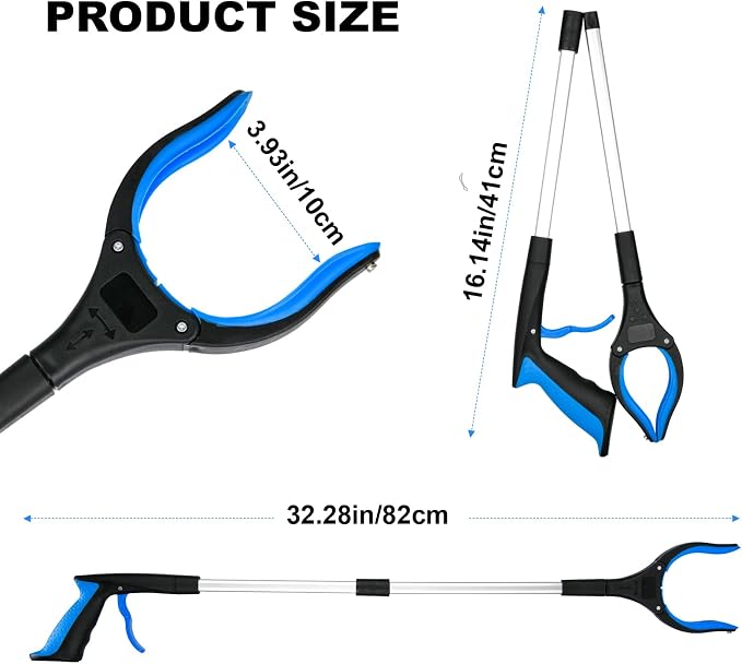 32" Grabber Reacher Tool, 360° Rotating Head, Wide Jaw, Foldable Reacher Grabber Pickup Tool,Anti-Slip Rotating Jaw with Magnet, 4" Wide Claw Opening Grabbers for Seniors (Blue)