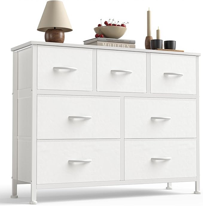 Sweetcrispy 7 Drawer Dresser with Fabric Bins Fabric Storage Tower Organizer for Bedroom Closet Hallway Entryway Tall Chest of Drawers with Steel Frame Wood Top Easy Pull Handles,White
